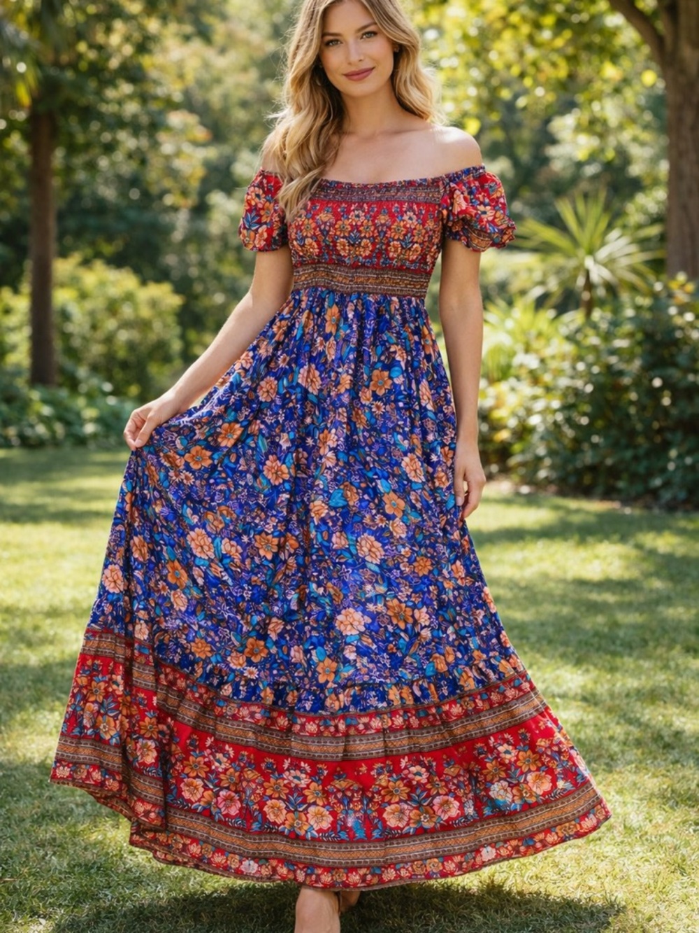 Boho Floral Maxi Dress Smocked Off Shoulder Summer